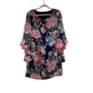 Connected Apparel Navy Floral Flowy Sleeve Shift Dress Women’s 12 Petite
